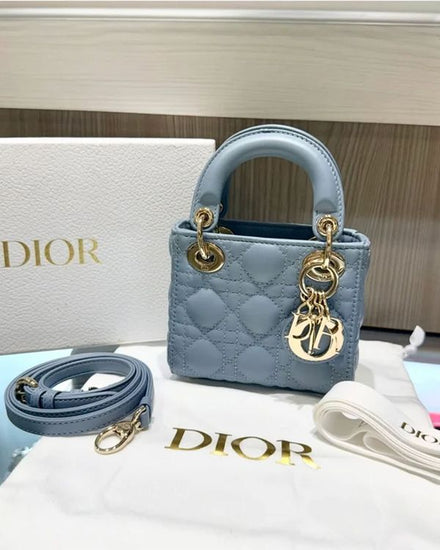 Dior Bag Micro Lady Dior 4.75 x 4.5 x 2IN Cloud Blue Cannage Leather Gold-Tone Hardware Leather Strap (S0856ONGE_M81B)