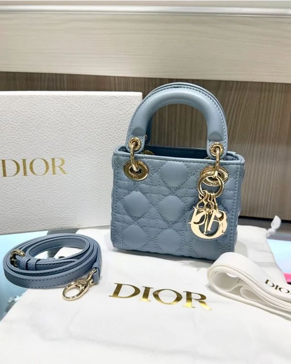 Dior Bag Micro Lady Dior 4.75 x 4.5 x 2IN Cloud Blue Cannage Leather Gold-Tone Hardware Leather Strap (S0856ONGE_M81B)