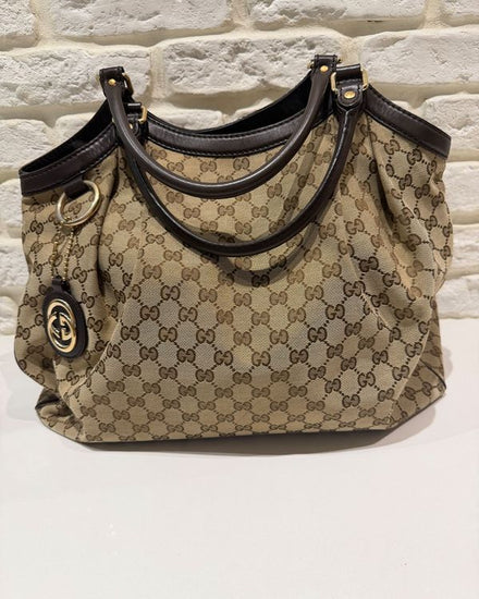 No Reserve - Gucci GG Canvas Shoulder Bag Medium Beige/Brown GG Canvas Leather Trim Gold-Tone Hardware (Shoulder Bag)