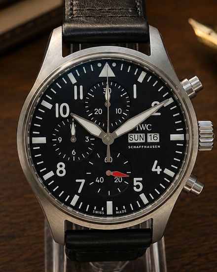 No Reserve - 2022 IWC Schaffhausen Pilot Chronograph 43MM Black Dial Leather Strap (IW378001)
