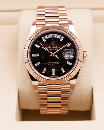 Rolex Day-Date 40MM Eisenkiesel Dial Rose Gold President Bracelet (228235)