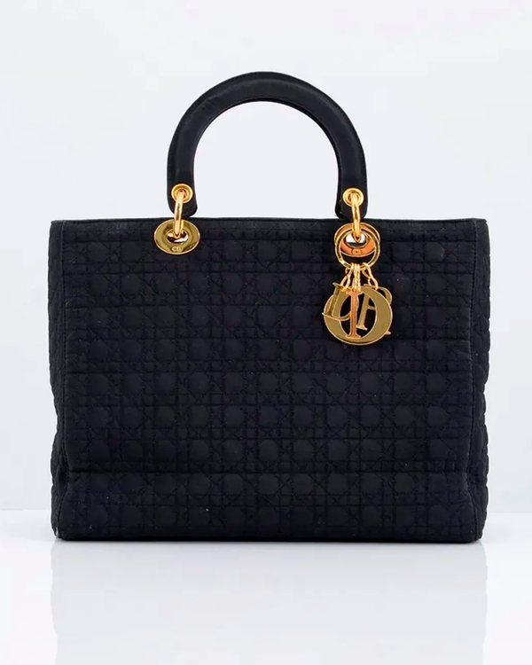 Dior Bag Black Textile Medium Handbag Gold-Tone Hardware (Lady Dior bag)