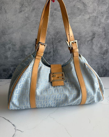 No Reserve - Fendi Zucchino Medium Blue Textile Leather Strap Gold-Tone Hardware (Tote Bag)