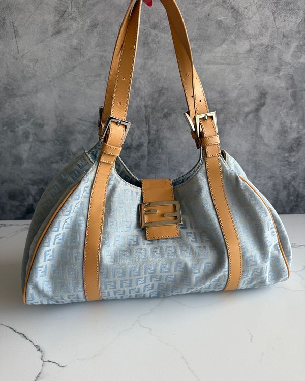 No Reserve - Fendi Zucchino Blue Textile Leather Strap Gold-Tone Hardware (Tote Bag)
