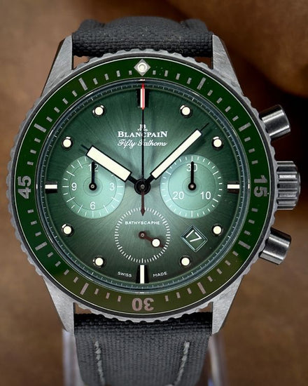 No Reserve - 2021 Blancpain Fifty Fathoms Bathyscaphe Chronographe Flyback Black Ceramic 43.6MM Green Dial Textile Strap (5200-0153-B52A)