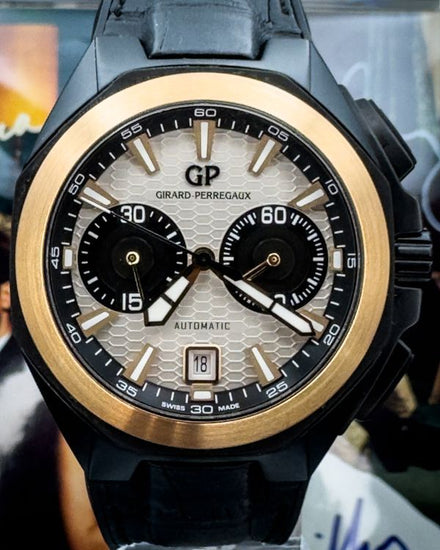 Girard Perregaux Chronograph Chrono Hawk 44MM Silver "Honeycomb" Dial Leather Strap (49970-34-232-BB6A)