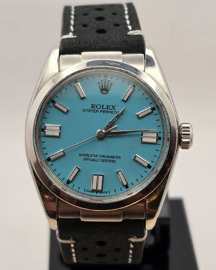 Rolex Oyster Precision 34MM Aftermarket Blue Dial Aftermarket Leather Strap (6427)