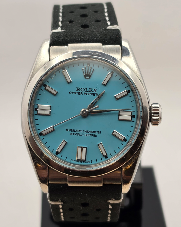 Rolex Oyster Precision 34MM Aftermarket Blue Dial Aftermarket Leather Strap (6427)