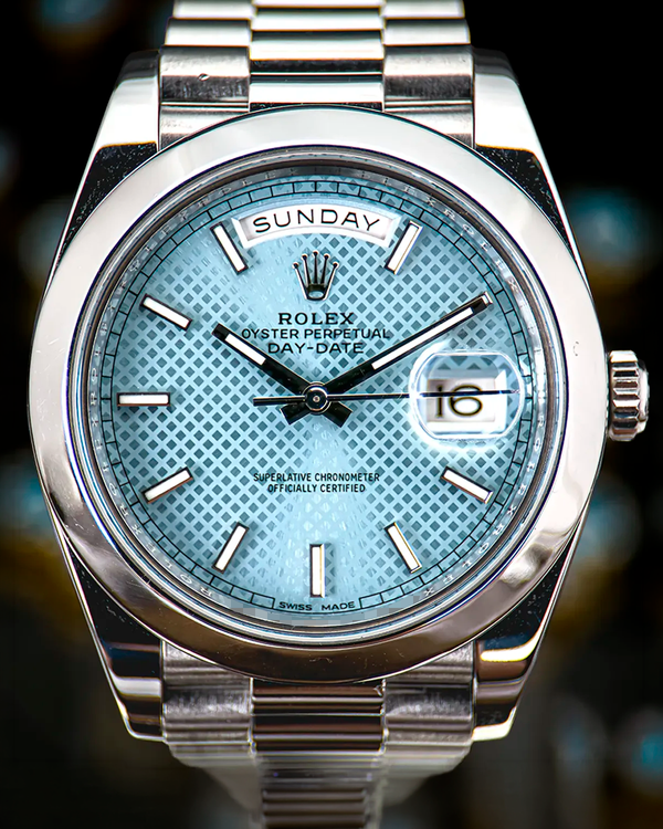 Rolex Day-Date 40MM Ice Blue "Diagonal" Dial Platinum President Bracelet (228206)