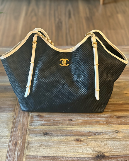 2026 Chanel Bag Black and White Braided Raffia Calfskin Small CC Logo Gold-Tone Hardware (CC Tote Bag)