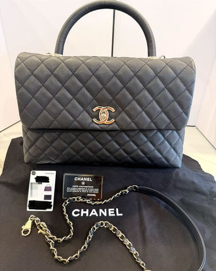 2020 Chanel Bag Coco Handle Large Black Leather CC Logo Gold-Tone Hardware (Bag)