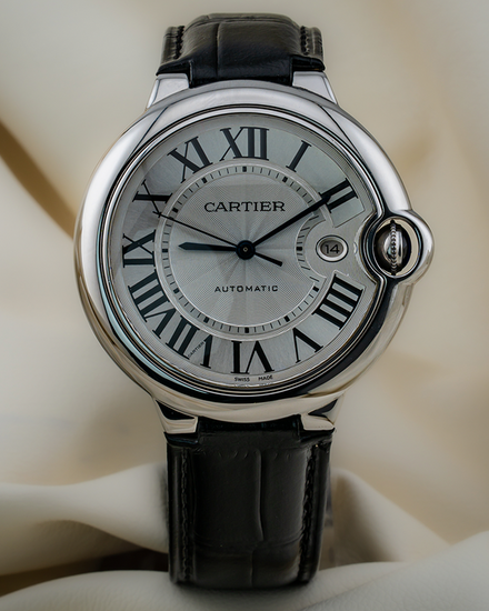No Reserve - 2014 Cartier Ballon Bleu 42MM Silver Dial Leather Strap (W69016Z4)