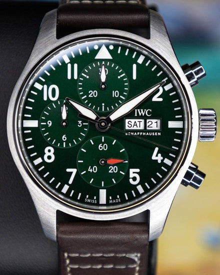 2023 No Reserve - IWC Schaffhausen Pilot Chronograph 41MM Green Dial Leather Strap (IW388103)