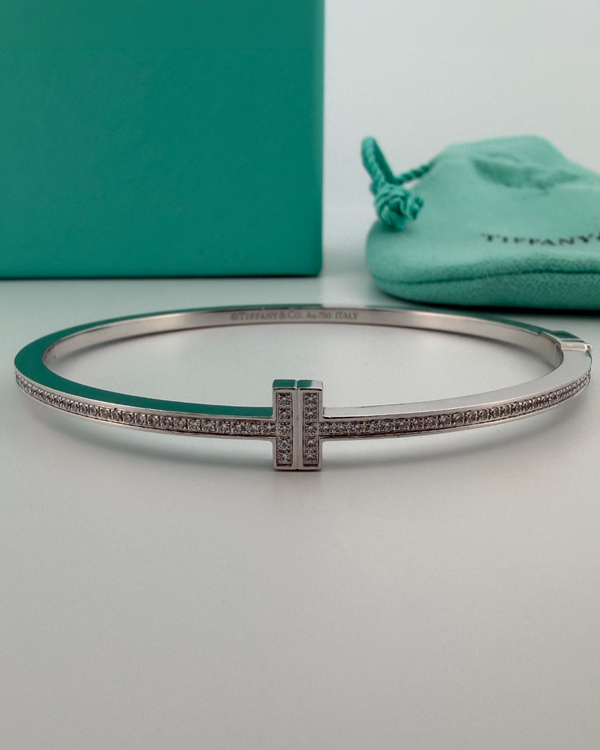 No Reserve - Tiffany & Co. Tiffany T Diamond Wire Bracelet 6.5IN White Gold Hinged Bangle Diamond (Bracelet)