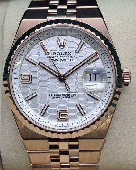 2026 Rolex Land-Dweller 36MM White "Honeycomb" Dial Rose Gold Flat Jubilee Bracelet (127235)