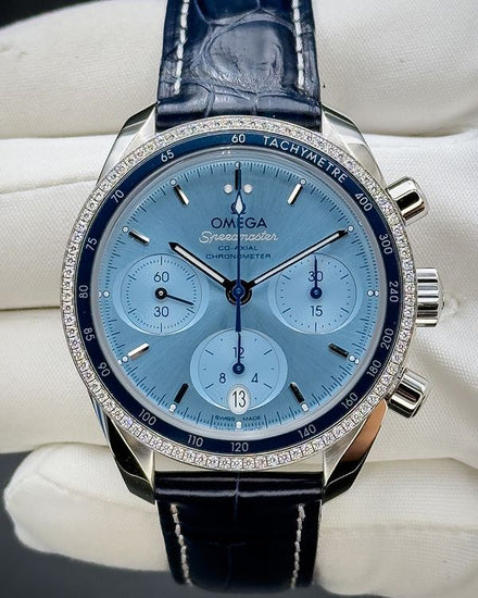No Reserve - 2025 Omega Speedmaster Chronograph 38MM Blue Dial Leather Strap (324.38.38.50.03.001)