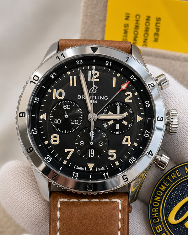 2026 Breitling Super Avi B04 Chronograph GMT 46MM Black Dial Leather Strap (AB0445)