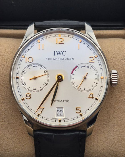 No Reserve - IWC Schaffhausen Portugieser 42.3MM Silver Dial Leather Strap (IW500114)