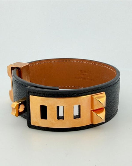 No Reserve - Hermès Collier de Chien Black Leather Gold-Plated Pyramid Stud Cuff T3 (Bracelet)