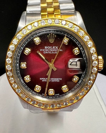 No Reserve - 1973 Rolex Datejust 36MM Aftermarket "Black Cherry"  Dial Aftermarket Two-Tone Jubilee Bracelet (1601)
