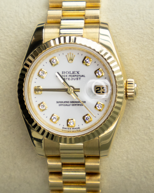 Rolex Lady-Datejust 26MM White  Dial Yellow Gold President Bracelet (179178)