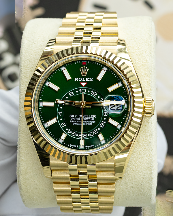Rolex Sky-Dweller 42MM Green Dial Yellow Gold Jubilee Bracelet (336938)