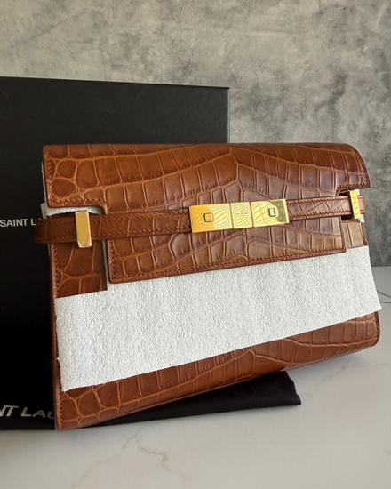 Saint Laurent Manhattan Brown & White Leather Gold-Tone Hardware Clutch (650125 DND0W)