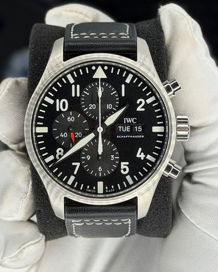 No Reserve - 2017 IWC Schaffhausen Pilot Chronograph 43MM Black Dial Leather Strap (IW377709)