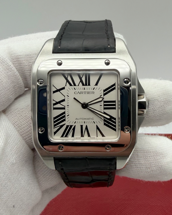 No Reserve - 2013 Cartier Santos De Cartier 100XL41MM White Dial Leather Strap (W20073X8)