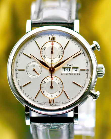 No Reserve - 2020 IWC Schaffhausen Chronograph Portofino 42MM Silver Dial Leather Strap (IW391031)