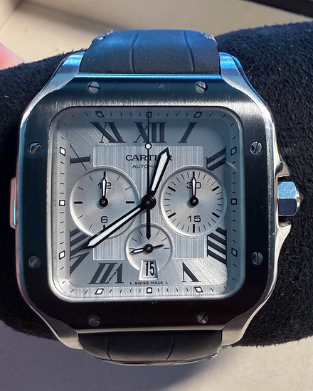 No Reserve - 2022 Cartier Santos De Cartier Chronograph 43MM Silver Dial Leather Strap (WSSA0017)
