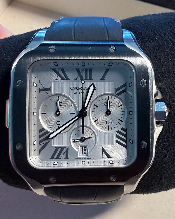 No Reserve - 2022 Cartier Santos De Cartier Chronograph 43MM Silver Dial Leather Strap (WSSA0017)
