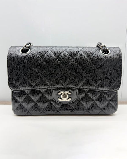 No Reserve - Chanel Bag Classic Double Flap Small Size Caviar Leather Silver-Tone Hardware Chain/Leather Strap (A01113)