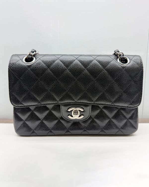 No Reserve - Chanel Small Classic Double Flap Bag Black Caviar Leather Silver-Tone Hardware Chain/Leather Strap (A01113)