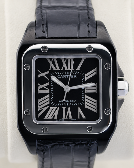 Cartier Santos 100 Medium 35.6MM Black Dial Leather Strap (W2020008)