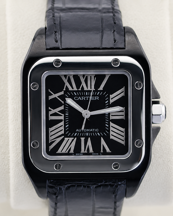 Cartier Santos 100 Medium 35.6MM Black Dial Leather Strap (W2020008)