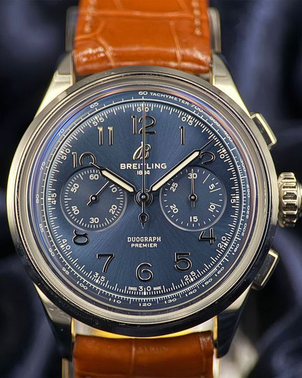 No Reserve - 2025 Breitling Premier B15 Duograph 42MM Blue Dial Leather Strap (AB1510)