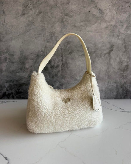 No Reserve - Prada Bag Re-Edition 2000 Mini Shearling Shoulder Bag Silver-Tone Hardware Leather/Textile Handle (Re-Edition 2000)