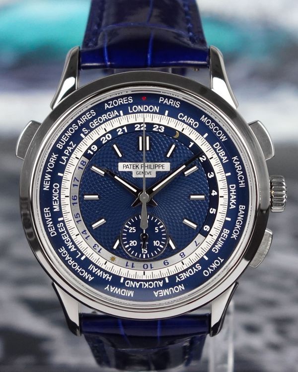 2020 Patek Philippe World Time Chronograph 39.5MM Blue Dial Leather Strap (5930G-010)