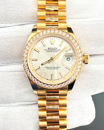 2026 Rolex Lady-Datejust 28MM Silver Dial Yellow Gold President Bracelet (279138RBR)