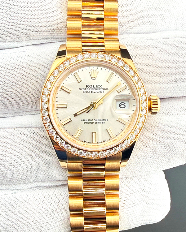 2026 Rolex Lady-Datejust 28MM Silver Dial Yellow Gold President Bracelet (279138RBR)