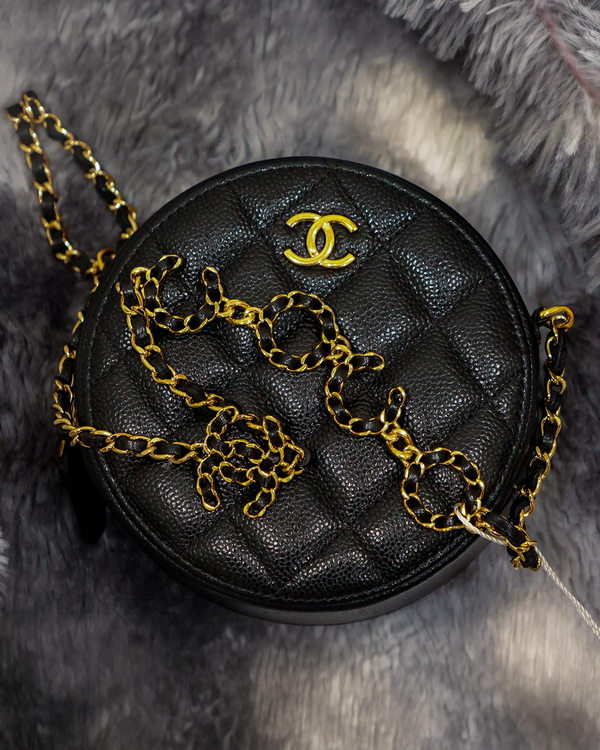 Chanel Round Black Quilted Bag L.E. Small Lambskin Gold-Tone Hardware Gold-Tone Strap (Chanel Round Bag)