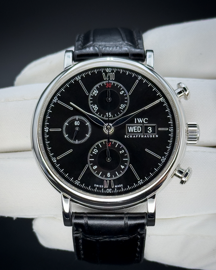 No Reserve - 2019 IWC Schaffhausen Portofino Chronograph 42MM Black Dial Leather Strap (IW391008)