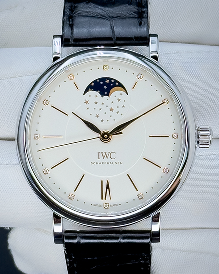 No Reserve - 2019 IWC Schaffhausen Portofino "Moon Phase" 37MM Silver Dial Leather Strap (IW459011)