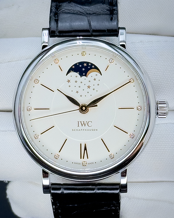 No Reserve - 2019 IWC Schaffhausen Portofino "Moon Phase" 37MM Silver Dial Leather Strap (IW459011)