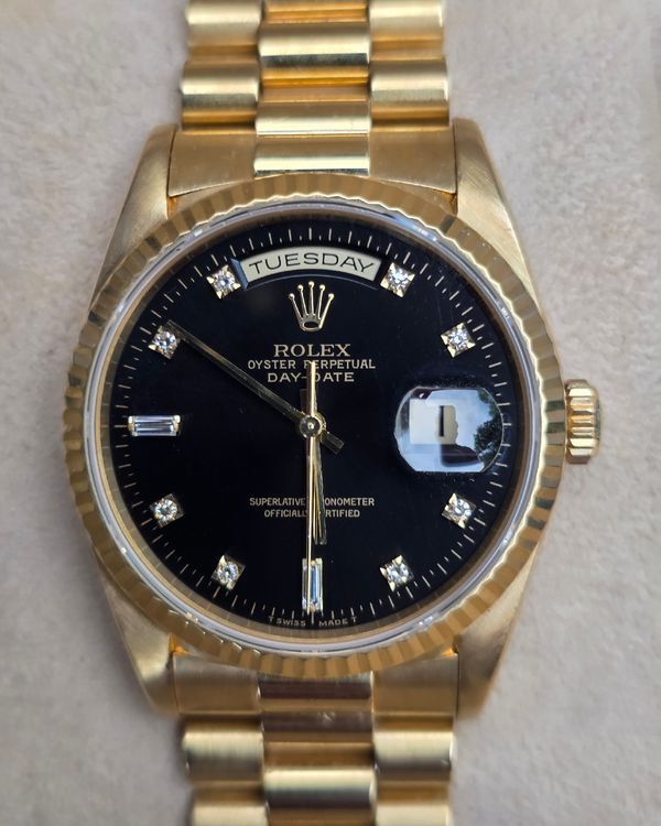 1999 Rolex Day-Date 36MM Black Dial Yellow Gold President Bracelet (18238)