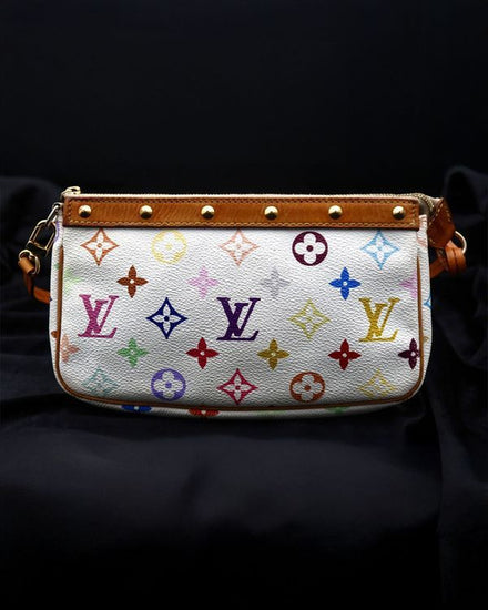 2004 Louis Vuitton x Takashi Murakami Monogram Multicolore Pochette Small Coated Canvas Gold-Tone Hardware Aftermarket Leather Strap (M92649)