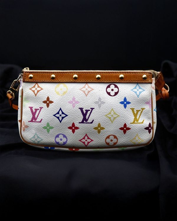 2004 Louis Vuitton x Takashi Murakami Monogram Multicolore Pochette Coated Canvas Gold-Tone Hardware Aftermarket Leather Strap (M92649)
