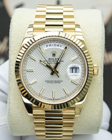 Rolex Day-Date 40MM Silver "Diagonal Motif" Dial Yellow Gold President Bracelet (228238)