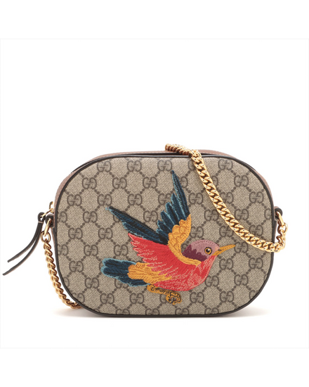 Gucci GG Supreme Canvas Bird Mini L.E. Shoulder Bag Gold-Tone Hardware Chain Strap (GG Supreme)